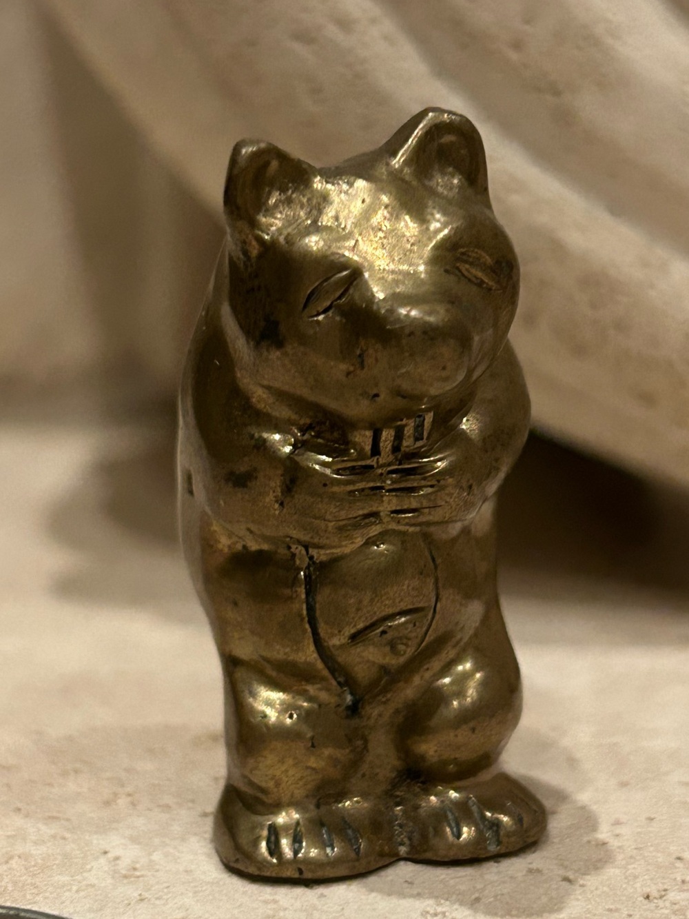 Solid Brass Bear with Fish Figurine - Antique. Rare.
